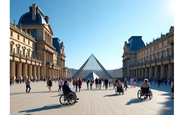 Allée large et accessible menant au Louvre à Paris, avec des touristes de toutes mobilités