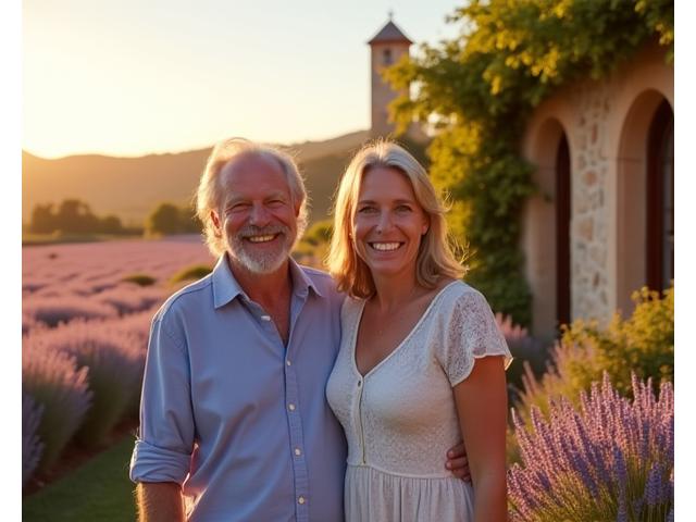 Photo de la famille Martin, un couple de retraités souriants devant leur mas provençal fleuri, au soleil.
