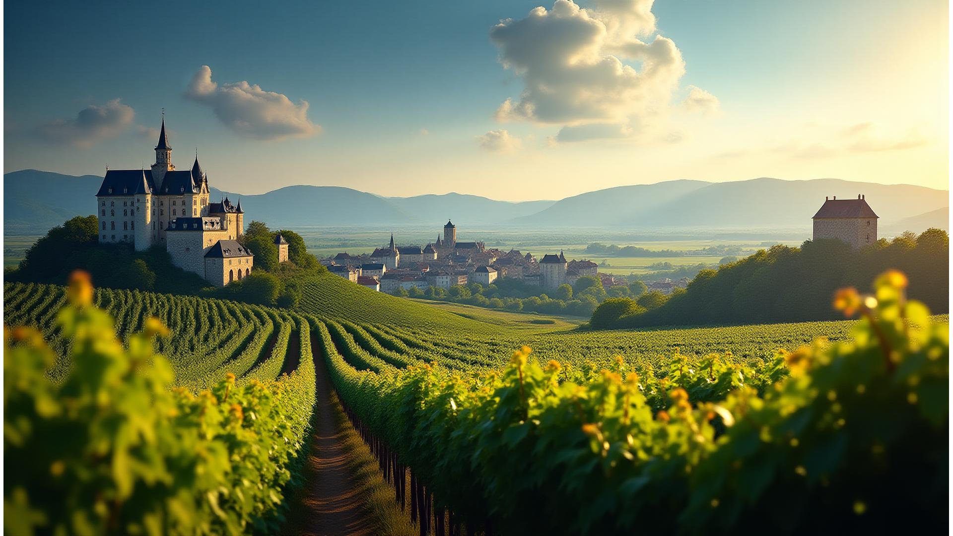 Vue panoramique d'un paysage français pittoresque avec des monuments emblématiques et des vignobles verdoyants sous un ciel bleu profond, incitant au voyage.