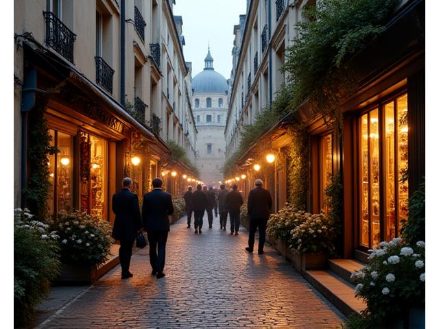 Une ruelle pavée cachée de Paris, avec des boutiques d'antiquaires et un café intime sous les lumières douces de début de soirée.