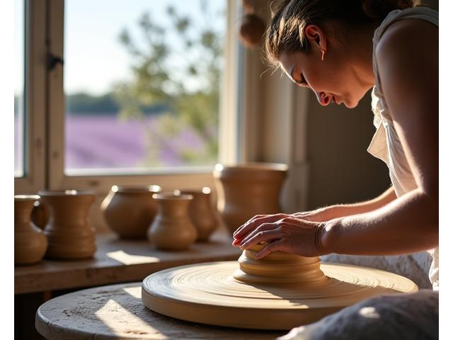 Une artiste provençale peignant une céramique dans un atelier baigné de lumière naturelle, des lavandes en arrière-plan.