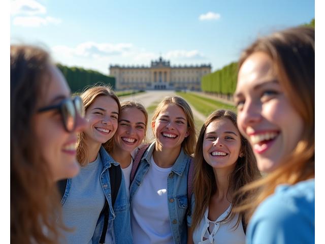Un groupe d'étudiants internationaux riant et discutant dans les jardins de Versailles, avec le château en arrière-plan, symbolisant l'échange culturel et l'amitié.