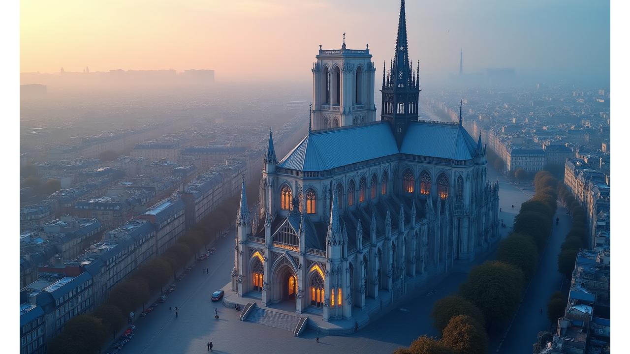 Vue panoramique immersive de la Cathédrale Notre-Dame de Paris avec des éléments de reconstruction historique en réalité augmentée, montrant des détails architecturaux interactifs